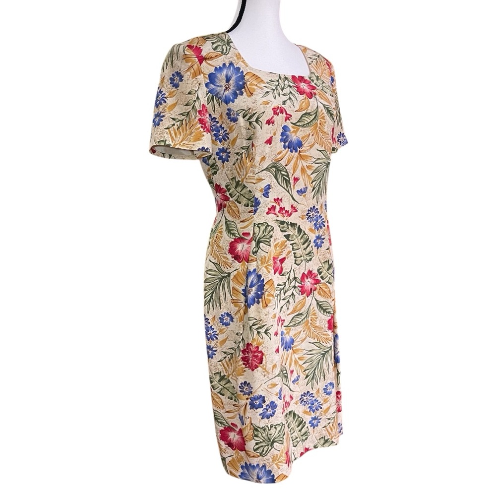 Woman's Dress Maggy London Colorful Floral‎ Sheath Square Neck Short Sleeve Midi - Picture 3 of 10